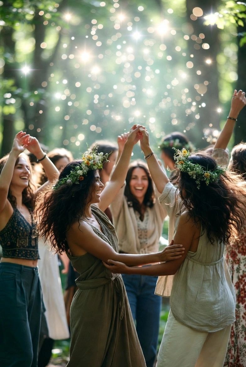 Women celebrating outdoors with flower crowns
